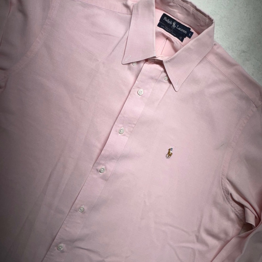 Ralph Lauren Mens Pink Button Down Shirt Long Sleeve Polo Player Logo Size L
